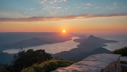 Naklejka premium Stunning sunrise over a mountainous landscape with vibrant colors and tranquil waters ideal for inspirational text or quotes.