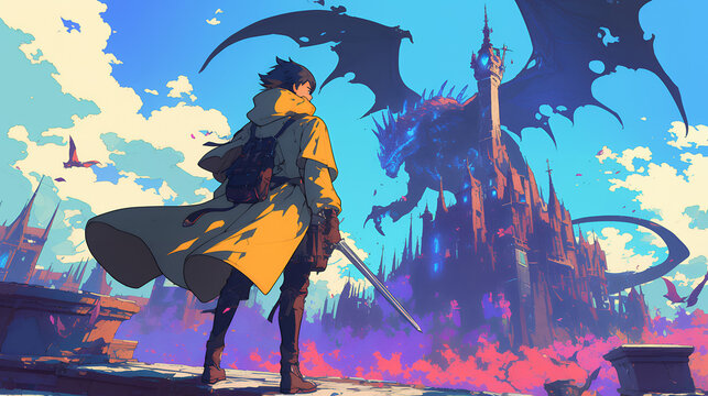 Fototapeta 勇者とモンスターが戦うファンタジーのシーン