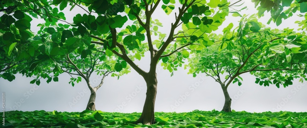 Wall mural lush green trees with vibrant leaves on a serene white background creating a calming and refreshing 