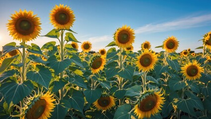 Fototapeta premium Sunflower Field in Bright Daylight Against a Clear Blue Sky Abundant with Vibrant Blooms and Lush Green Foliage