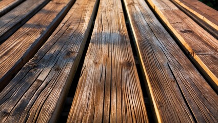 Rustic wooden deck with detailed grain and texture illuminated by warm natural light on a serene afternoon.