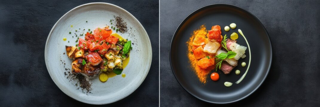 Culinary presentation of fresh ingredients with vibrant colors and artistic plating in a contemporary dining setting. Generative AI