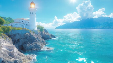 Coastal Lighthouse Guiding Sunlit Waters