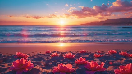 Serene Sunrise Over the Beach with Pink Water Lilies Creating a Tranquil Coastal Scene at Playa De Las Catedrales