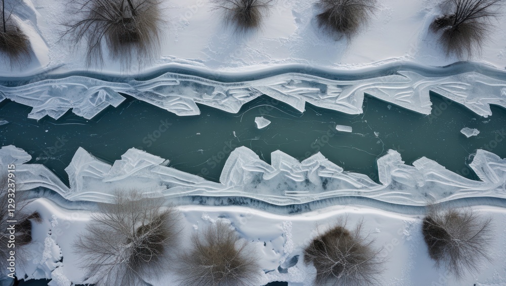 Wall mural aerial view of a frozen river surrounded by snow showcasing intricate ice formations and patterns in