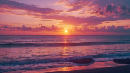 Fototapeta premium Vibrant sunset over calm sea with gentle waves and colorful sky creating a serene atmosphere perfect for text overlay and coastal themes