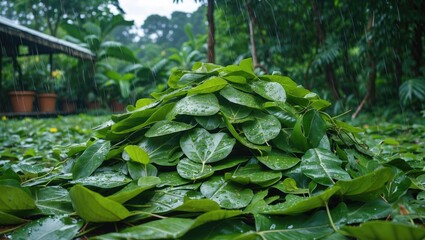 Naklejka premium Green leaves piled in a garden after rain, capturing the freshness of nature in the morning light, Subang, Indonesia.