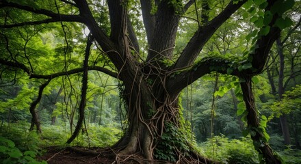 Obraz premium Majestic tree with thick green vines in a lush forest showcasing nature's beauty and tranquility in a serene woodland setting.