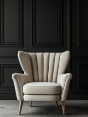 A comfortable chair stands against the dark background wall