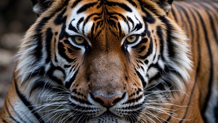 Fototapeta premium Majestic tiger portrait showcasing vivid fur patterns and intense gaze, symbolizing strength and beauty in the wild.