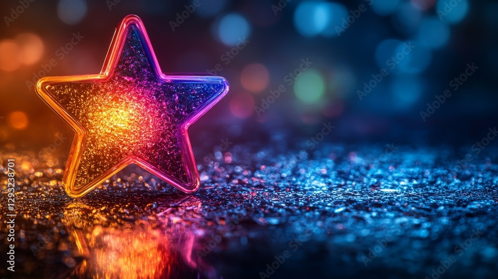 Poster Glowing multicolored star on sparkling surface with bokeh effect in background, warm and cool tones. Festive decoration and celebration concept