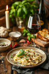 A Classic Setting of Comfort Food: Creamy Pasta with Side of Garlic Bread and Red Wine