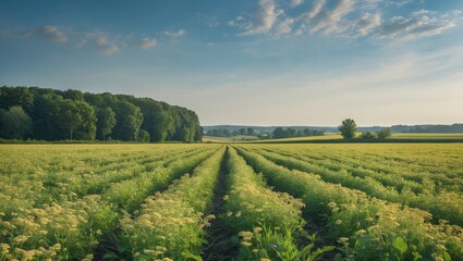 Naklejka premium Lush Summer Field Landscape with Rows of Vegetation and Clear Sky for Text Placement and Nature-Themed Designs