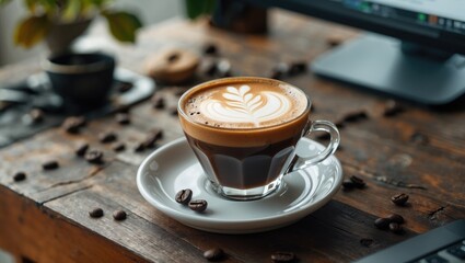 Aesthetic coffee cup on wooden table with computer and scattered coffee beans creating a cozy workspace atmosphere.