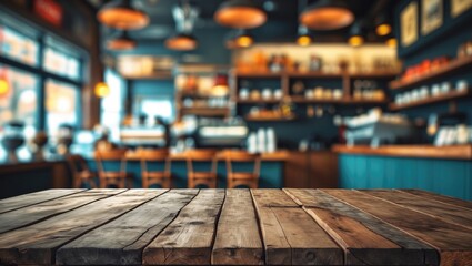Wooden table top with blurred coffee shop background perfect for product display or montage in a cozy cafe setting.