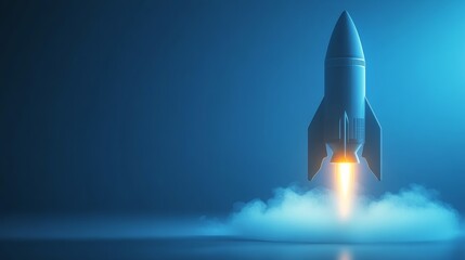 Naklejka premium Rocket silhouette ascending on a gradient blue background, symbolizing rapid business growth and innovation.