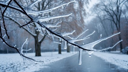 Fototapeta premium Iced tree branches in a winter landscape with freezing rain creating a frost-covered environment and blurred background trees and street.