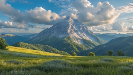 Fototapeta premium Majestic mountain landscape under a bright sky with clouds showcasing vibrant greenery and expansive natural beauty in summer.