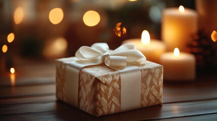 Gift box on wood table. White ribbon decorates present. Candles glow behind. Warm light gives a festive feeling for holidays.