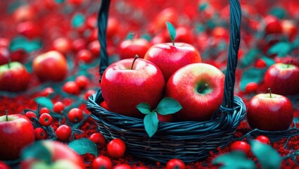 Fresh Red Apples in a Wicker Basket Surrounded by Vibrant Foliage and Fruit on a Richly Colored Background