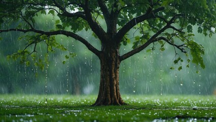 Naklejka premium Lush green tree under heavy rain showcasing raindrops falling on leaves and ground creating a tranquil and serene natural atmosphere.