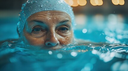 Senior woman swims in pool. Older lady in water. Active healthy lifestyle. Exercise and recreation. Water drops on cap. Close up face.