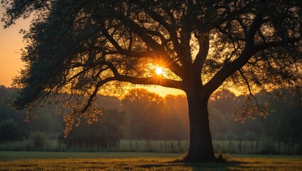 Serene Sunset Illuminating a Majestic Tree in a Tranquil Landscape