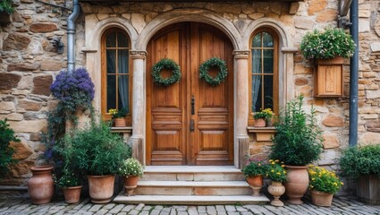 Charming rustic facade with elegant wooden doors framed by seasonal greenery and potted flowers in a picturesque setting.