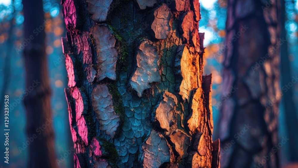 Poster textured tree bark close-up with colorful highlights in soft forest light