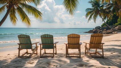 Fototapeta premium Serene Tropical Beach Scene with Lounge Chairs Facing Calm Ocean Waves Surrounded by Palm Trees Ideal for Summer Vacation and Relaxation Themes