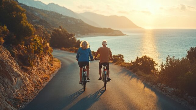 Senior couple ride bikes on road. Ocean view. Happy mature adults biking at sunset. Healthy lifestyle. Travel and vacation.