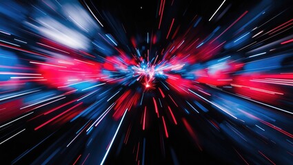 Futuristic Abstract Motion Blur in Neon Red and Blue Colors with Bokeh Effects on Black Background for Dynamic Visuals and Designs