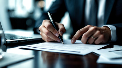 A close-up of a hand signing a contract on a sleek desk with a laptop, pen, and coffee, representing professionalism and commitment