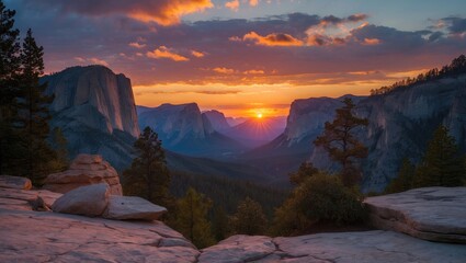 Fototapeta premium Majestic Sunset Over Mountain Valley in National Park with Vibrant Colors and Silhouette of Trees in the Foreground