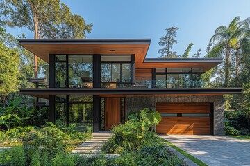 Eco-friendly home in San Francisco with flat roofs, large windows, and wood accents, surrounded by greenery, emphasizing energy-efficient design.