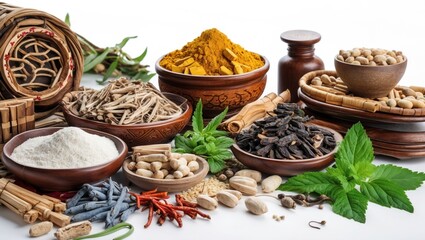 Fototapeta premium Traditional Chinese herbal medicine assortment with various herbs and spices on a white background for wellness and healing concepts.