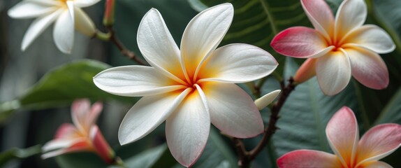 Plumeria Flowers in Bloom Against Lush Green Foliage Showcasing Tropical Beauty and Vibrant Colors in Natural Setting