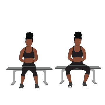 A Black African woman in black clothing doing seated hip abductions with resistance band exercise. Flat vector illustration isolated on white background. 