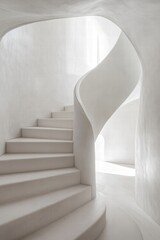 Naklejka premium An exquisite white staircase featuring fluid shapes, emphasizing light and shadow dynamics in a minimalist environment.