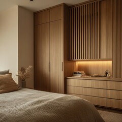 The clean modern bedroom features custom built in wooden closet
