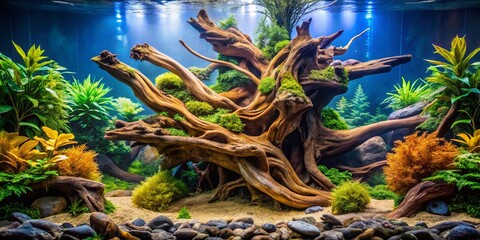 Panoramic Aquarium Hardscape: Ancient Driftwood Root Tree, Underwater Scene