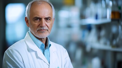 Fototapeta premium Senior researcher in lab coat, focused and thoughtful, embodying dedication to scientific discovery.