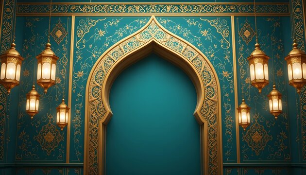 Luxurious Islamic Architecture with Ornate Golden Archway and Hanging Lanterns, Featuring Elegant Arabic Patterns and a Rich Teal Background, Evoking Traditional Middle Eastern Aesthetic and Spiritual