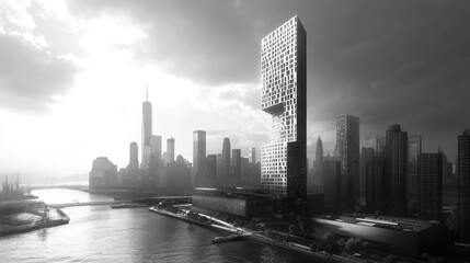 Modern skyscraper, city skyline, waterfront, sunrise, architectural rendering
