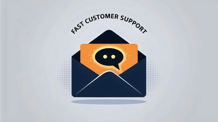 Mail icon with glowing chat bubble and "Fast Customer Support" text on blue-gray background.
