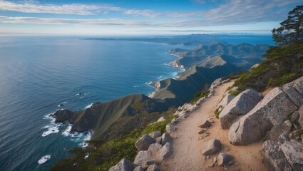 Fototapeta premium Scenic Overlook from Hiking Trail with Ocean Vista and Lush Green Hills at a National Park Under Blue Sky.