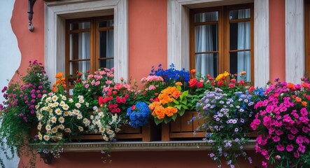 Fototapeta premium Colorful Flowered Balcony with Vibrant Blooms in the Alps Showcasing a Mix of Flowers and Colors Exuding Traditional Charm
