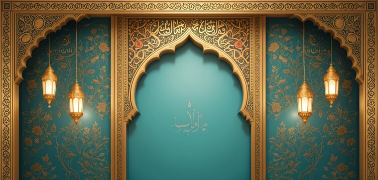 Luxurious Islamic Architecture with Ornate Golden Archway and Hanging Lanterns, Featuring Elegant Arabic Patterns and a Rich Teal Background, Evoking Traditional Middle Eastern Aesthetic and Spiritual