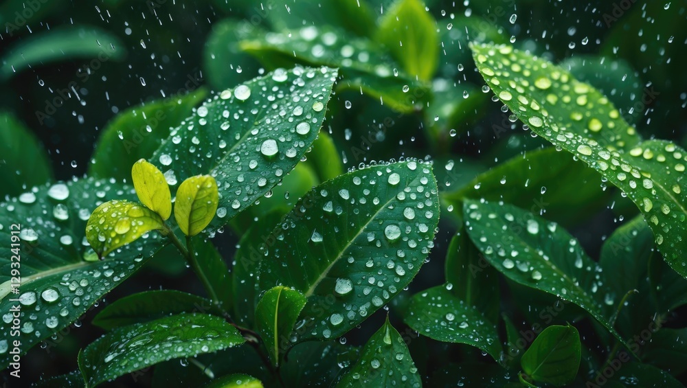 Wall mural raindrops on lush green leaves with a natural background providing empty space for text or captions.