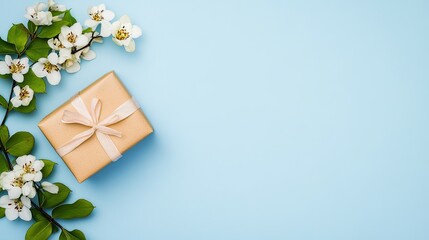A beautifully wrapped gift box surrounded by blooming flowers on a pastel background.